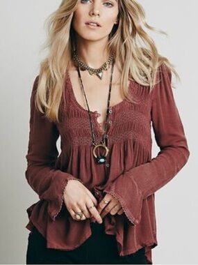 Free People Boho Blue Bird Smocked Long-Sleeve Top